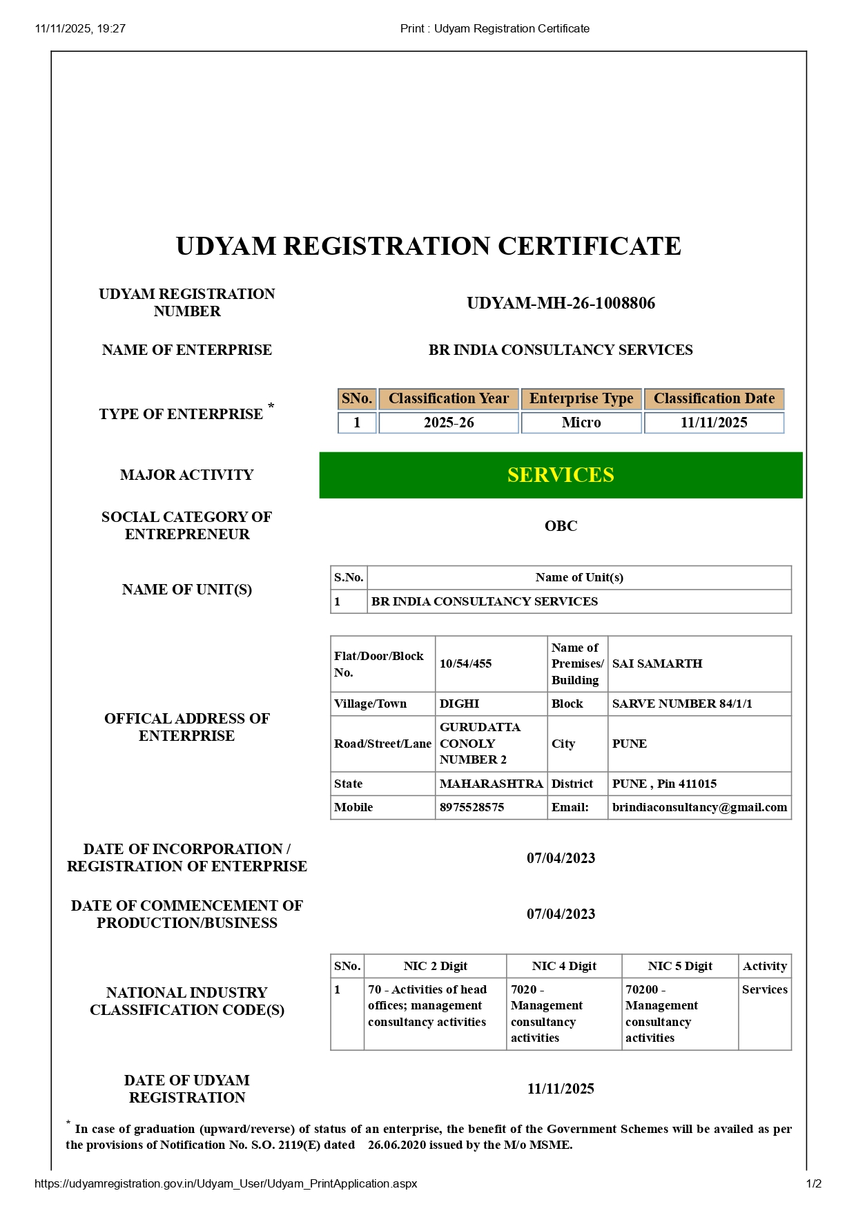 BR India Consultancy Certificate 2